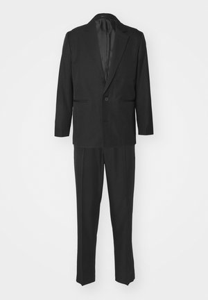 Sort dragt, der har en enkeltstående blazer med klippet lapels og matchende bukser. Fremstillet af glat stof med en klassisk pasform.