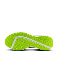 Suela de goma verde con superficie texturizada que presenta patrones cuadrados y de diamante, acentuada por una mediasuela blanca y una forma curvada.
