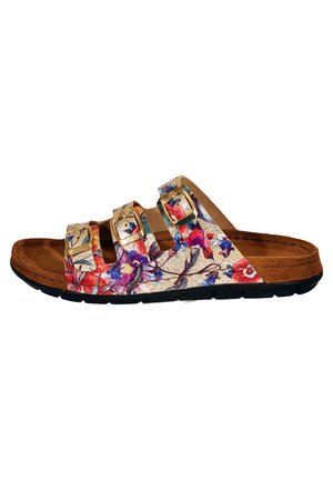 Floral-patterned sandal with three adjustable buckles, cork footbed, and textured black outsole. Colors include gold, purple, red, and blue.