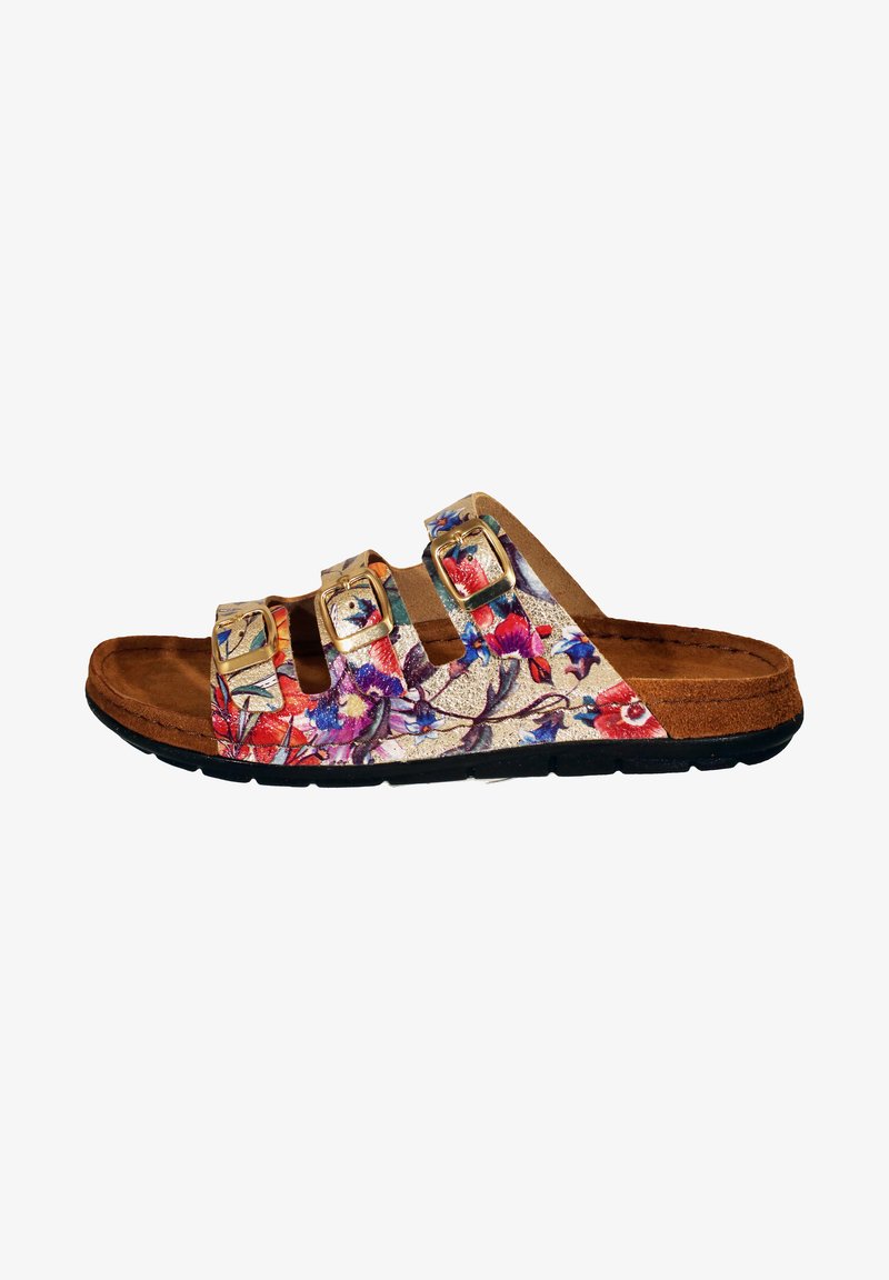 Floral-patterned sandal with three adjustable buckles, cork footbed, and textured black outsole. Colors include gold, purple, red, and blue.
