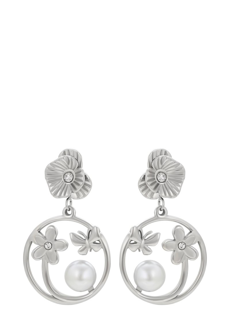 Sidabro gėlėti pakabukai su perlo centru, drugelio detale ir mažais kristalais ant gėlių žiedlapių bei viršutinių kaiščių.