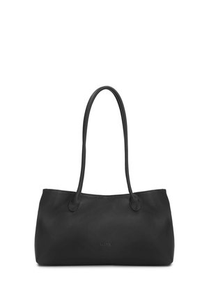 Schwarze rechteckige Ledertasche mit langen schlanken Griffen und einem dezent eingeprägten Markennamen in der Mitte vorne.