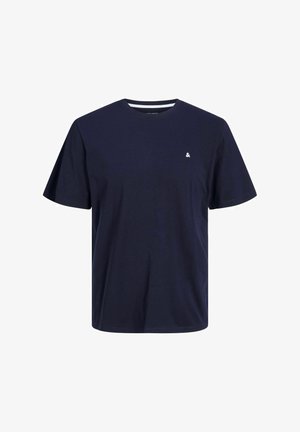 T-shirt de algodão azul-marinho com decote redondo e mangas curtas. Apresenta um pequeno logótipo no peito. Textura suave e design de ajuste descontraído.