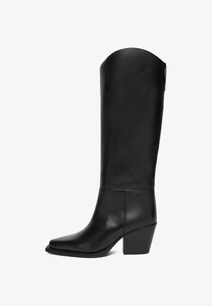 Schwarzer knielanger Lederstiefel mit spitz zulaufender Zehe, Blockabsatz und seitlichem Reißverschluss, im Profil auf weißem Hintergrund gezeigt.