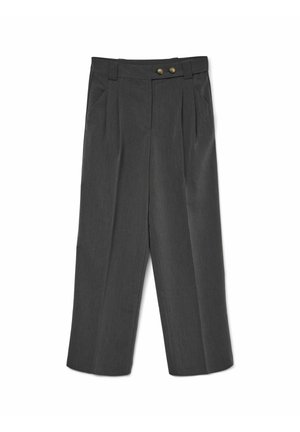 Harmaat räätälinhousut, joissa on laskostettu etuosa, kaksi etutaskua ja napitus, valmistettu teksturoidusta kankaasta, leveä lahkeiden muoto.