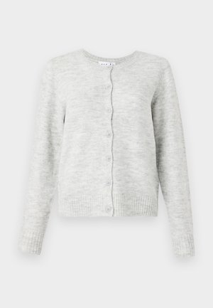 Gray cardigan made of soft material with a round neckline, long sleeves, and button closure down the front. Features ribbed hem and cuffs.