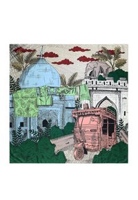 Kolorowa ilustracja przedstawiająca niebieską kopułę, różowego tuk-tuka, zielone materiały oraz skomplikowaną architekturę wśród liści i chmur.