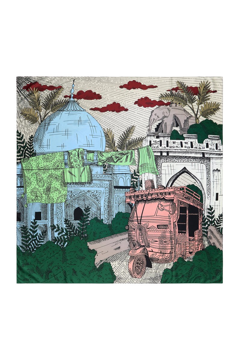 Kolorowa ilustracja przedstawiająca niebieską kopułę, różowego tuk-tuka, zielone materiały oraz skomplikowaną architekturę wśród liści i chmur.