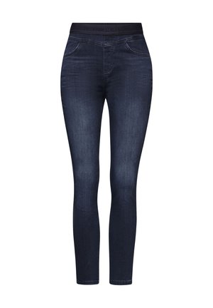 Skinny jeans made of dark denim, featuring a high waistband, two front pockets, and a smooth texture with minimal stitching details.