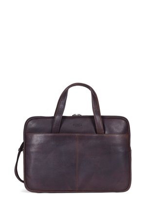 Bruine leren laptoptas met handgrepen boven, een ritssluiting, een voorvak en een gladde, licht getextureerde afwerking.