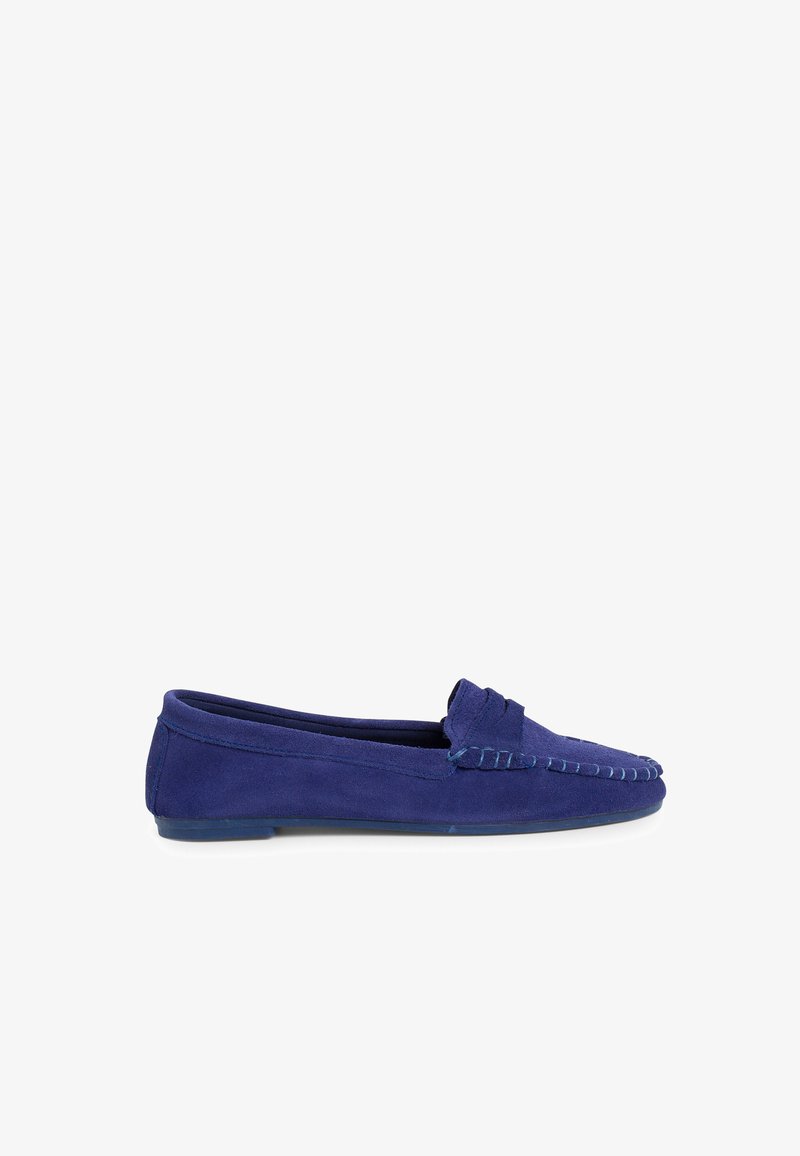 Suede loafers in vibrant blue, featuring a moccasin-style design, decorative stitching along the upper, and a flat rubber sole.