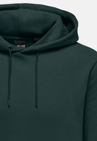 Felpa verde scuro con cappuccio regolabile, tessuto morbido e vestibilità rilassata. Presenta un'etichetta con la scritta "ONLY & SONS" all'interno del collo.