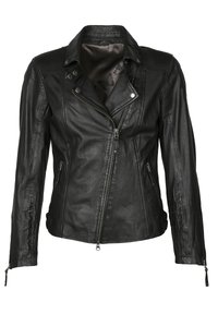 Schwarze Lederjacke mit asymmetrischem Reißverschluss, spitzem Kragen und Reißverschlussmanschetten. Hat eine glatte Textur und ein dezentes Innenmuster.