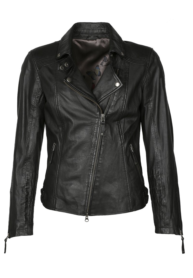 Schwarze Lederjacke mit asymmetrischem Reißverschluss, spitzem Kragen und Reißverschlussmanschetten. Hat eine glatte Textur und ein dezentes Innenmuster.