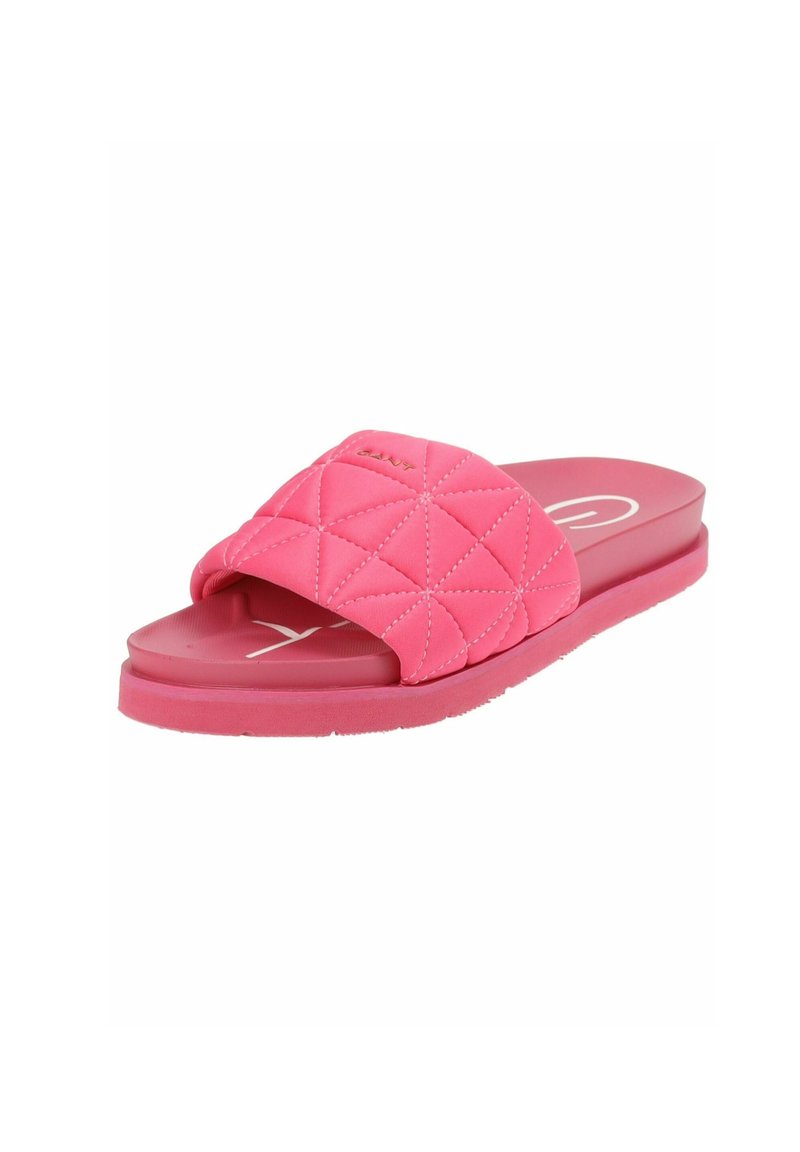 Pink slide sandal with a quilted upper featuring diamond patterns, smooth rubber sole, and a flat design for easy slip-on wear.