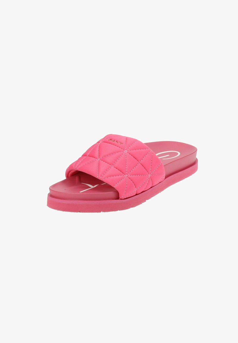 Pink slide sandal with a quilted upper featuring diamond patterns, smooth rubber sole, and a flat design for easy slip-on wear.