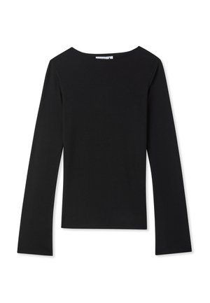 Top lungo nero a maniche, realizzato in tessuto morbido. Presenta un collo ampio e una forma aderente con maniche leggermente svasate. Senza motivi o accenti.