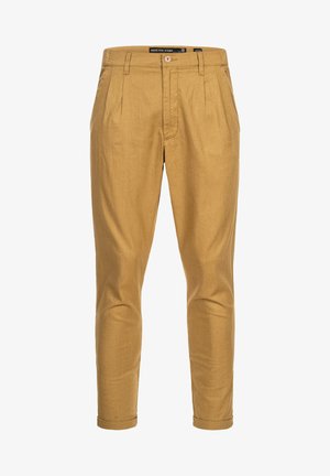 Beiga skräddarsydda byxor med en slät textur. Har framfållar, en knappstängning och uppvikta muddar för en strukturerad stil.