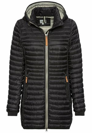 Schwarze gepolsterte Jacke mit Kapuze, silberner Reißverschluss, Seitentaschen, gerippte Bündchen und kontrastierender Innenauskleidung. Enthält lederähnliche Akzente.