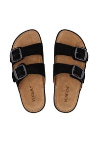 Black sandals with two adjustable straps and silver buckles, featuring a soft, tan footbed, labeled "Venezia" on the insole.