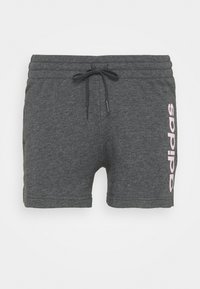 Pantalones cortos grises hechos de un material suave con cintura elástica y cordón. Presenta el logo rosa de 'adidas' en el lado izquierdo.