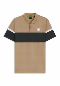 Beige polo shirt med ternet mønster, sort vandret stribe, hvid detalje på ærmerne og et logo på brystet. Lavet af åndbart stof.