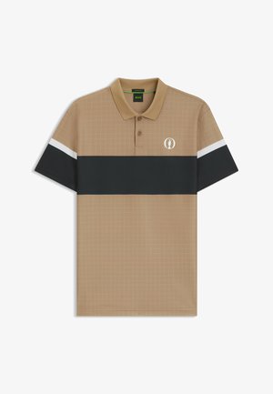 Beige polo shirt featuring a grid pattern, black horizontal stripe, white accent on sleeves, and a logo on the chest. Made from breathable fabric.