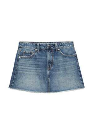 Sininen farkku minihame, jossa edessä napit ja vetoketju, viisi taskua, vyölenkit ja hieman rispaantunut helma.