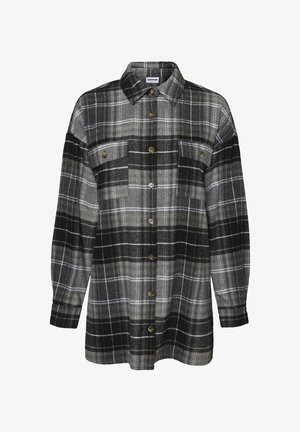 Black and gray plaid flannel shirt with a button-down front, two chest pockets, long sleeves, and a collar. Textured fabric with visible pattern lines.