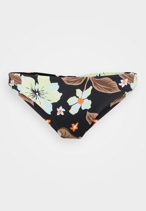 Svart bikinibunn med store, lysegrønne blomster mønstre, aksentuert med oransje og hvite blomster samt brune blader. Glatt stoff tekstur.