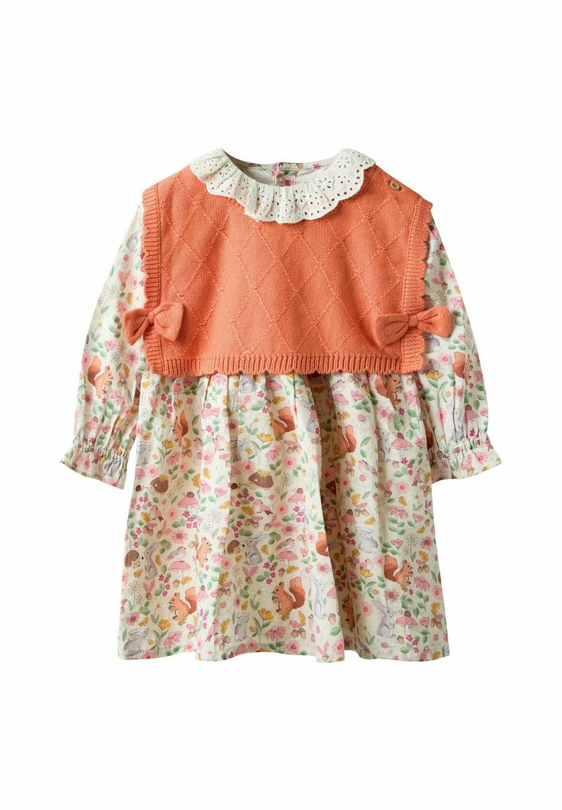 Abito floreale con maniche lunghe, base crema, top di maglia arancione, colletto scallop e fiocchi sul top. Presenta stampe di animali e fiori.