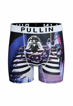 Boxers noirs avec une ceinture blanche portant l’inscription « PULLIN », avec un dessin d’un lapin en costume et lunettes de soleil au milieu de femmes dans un escalier.