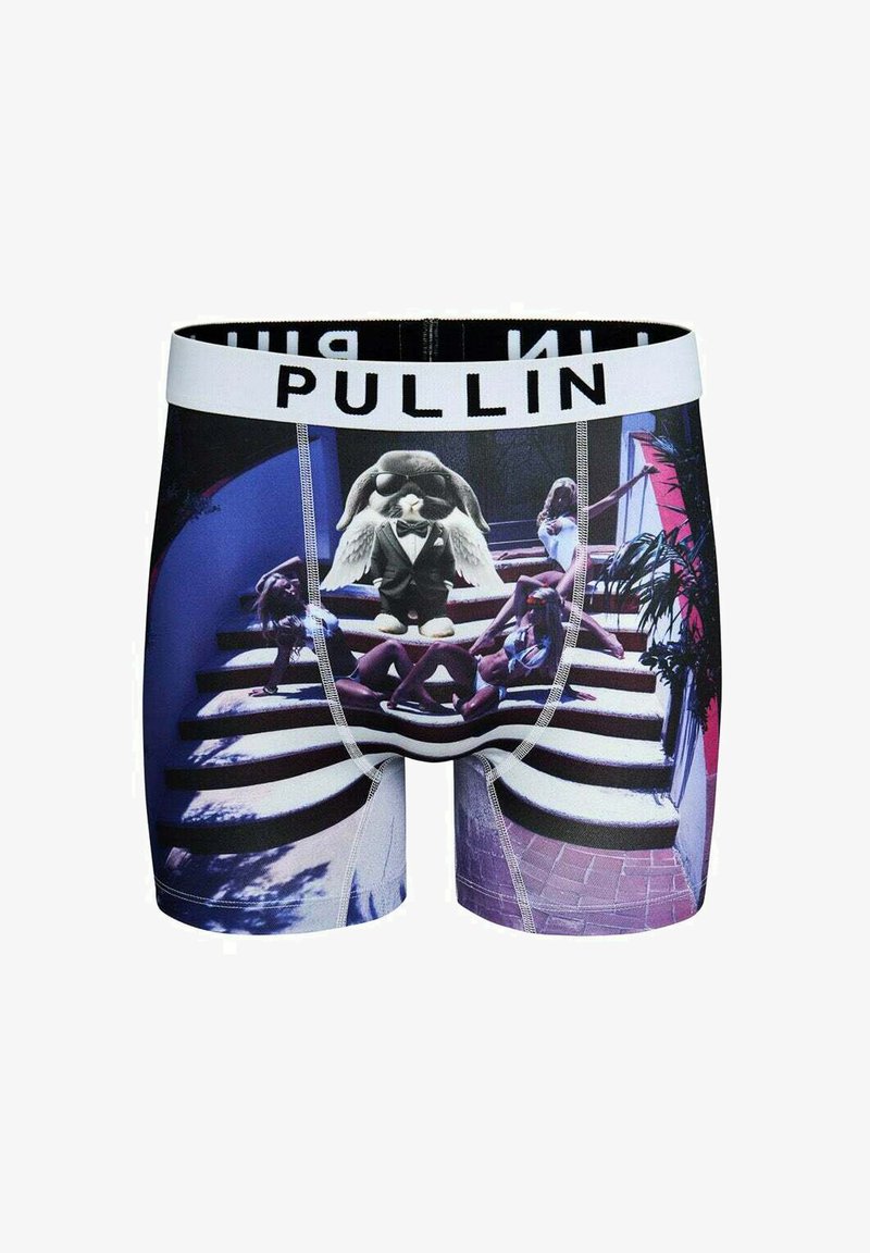 Boxers noirs avec une ceinture blanche portant l’inscription « PULLIN », avec un dessin d’un lapin en costume et lunettes de soleil au milieu de femmes dans un escalier.