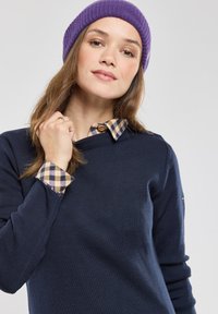 Marineblauwe sweater met een textuurafwerking, voorzien van een geruite kraag in beige en donkere tinten, en een houten knoopdetail. Gecombineerd met een paarse beanie.