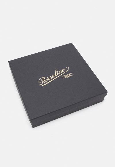 Black square box with a smooth texture and a gold embossed "Borsalino" logo on the top, featuring a minimalistic design and no visible hardware.