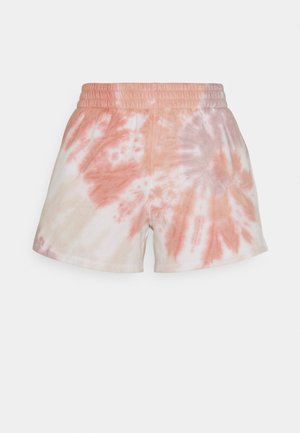 Tie-dye shorts featuring a soft fabric, elastic waistband, and a blend of peach, beige, and light pink colors in a swirling pattern.
