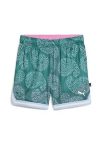 Groene mesh shorts met een wit paisleypatroon, elastische tailleband met roze binnenvoering en lichtblauwe afwerking aan de zoom.