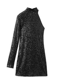 Abito nero di paillettes con colletto alto, maniche lunghe, design asimmetrico e una spalla scoperta. La texture lucida aumenta la visibilità e il design.