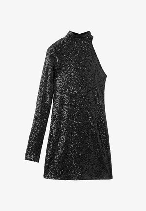 Crna haljina sa šljokicama, visokim okovratnikom, dugim rukavima, asimetričnim dizajnom i jednim otkrivenim ramenom. Sjajna tekstura pojačava vidljivost i dizajn.