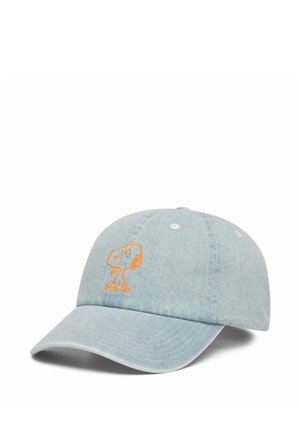 Hellblaues Denim-Baseballcap mit orange gesticktem Umriss des Snoopy-Hundes auf der Vorderseite.