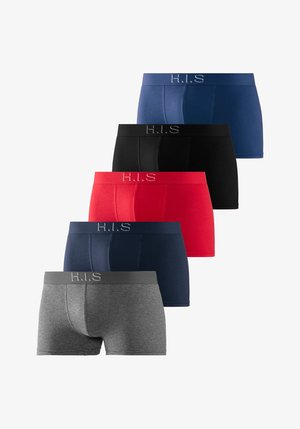Men's boxer briefs in five colors: dark blue, red, black, dark navy, and gray. Made from soft fabric with elastic waistbands displaying "H.I.S." logo.