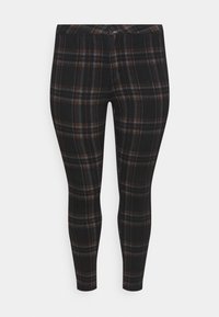 Mustat ruudulliset legginssit, joissa on tarkkarajainen kuvio harmailla, oransseilla ja sinisillä akenteilla. Valmistettu joustavasta, teksturoidusta kankaasta.