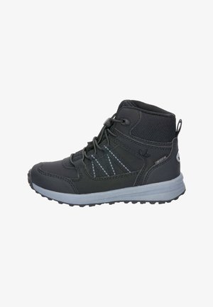 Schwarze Mid-Top-Wanderschuhe mit synthetischem Obermaterial, verstärkter Zehenkappe und grauer Gummisohle. Mit grauen Streifenakzenten und Schnürverschluss.