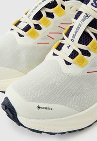 Valge jooksujalatsite lähivaade, millel on kollased paelasilmad, mereväe toonis võrk, punased õmbluse detailid ja GORE-TEX logo taldade ääres.