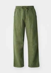 Pantalons larges verts en tissu durable, dotés d'une taille élastique avec cordon de serrage et deux poches avant.