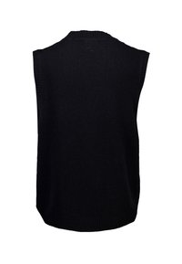 Czarny bezrękawnik z okrągłym dekoltem. Wykonany z dzianiny, z prążkowanymi detalami przy kołnierzu i dolnym brzegu, gładka tekstura.