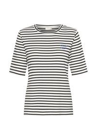 Tricou cu mânecă scurtă, cu dungi alb-negru, gât rotund și un inimă brodată albastră cu cuvântul "Iubire". Material cu textură netedă.