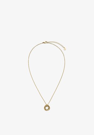 Collier ton or avec une chaîne délicate et un pendentif circulaire comportant trois anneaux entrelacés. Longueur réglable avec fermoir mousqueton.