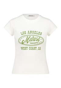 White cotton t-shirt with short sleeves; features green text "LOS ANGELES Melrose AVE WEST COAST, CA" and decorative stars in an oval.