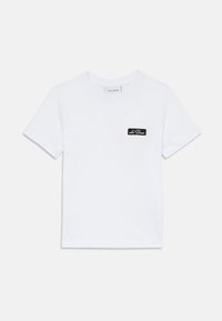White cotton t-shirt with a crew neck, short sleeves, featuring a black rectangular logo patch on the left chest area. Flat texture.